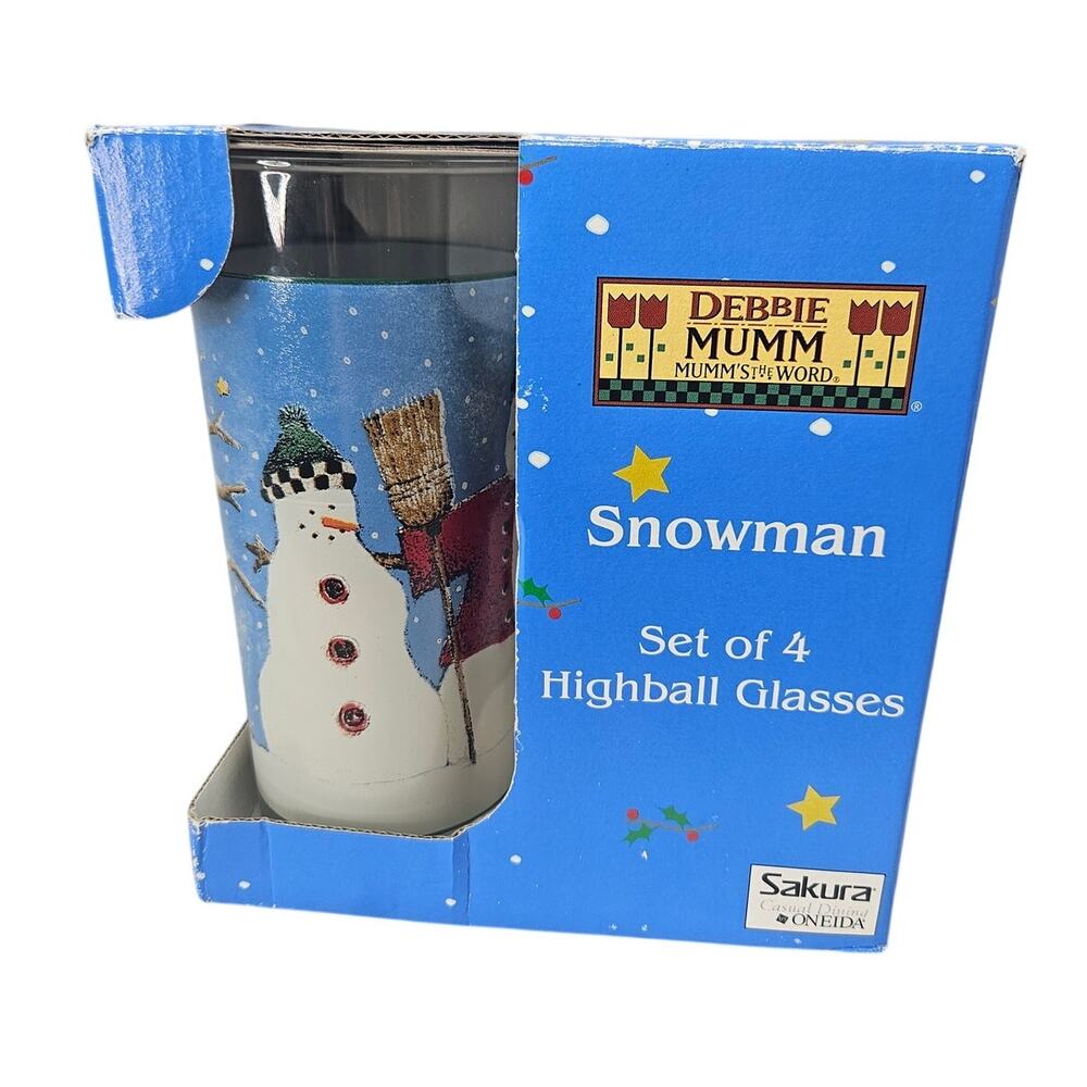 Vintage 90s Debbie Mumm 4 Snowman Glasses Highball Christmas Holiday Whimsical